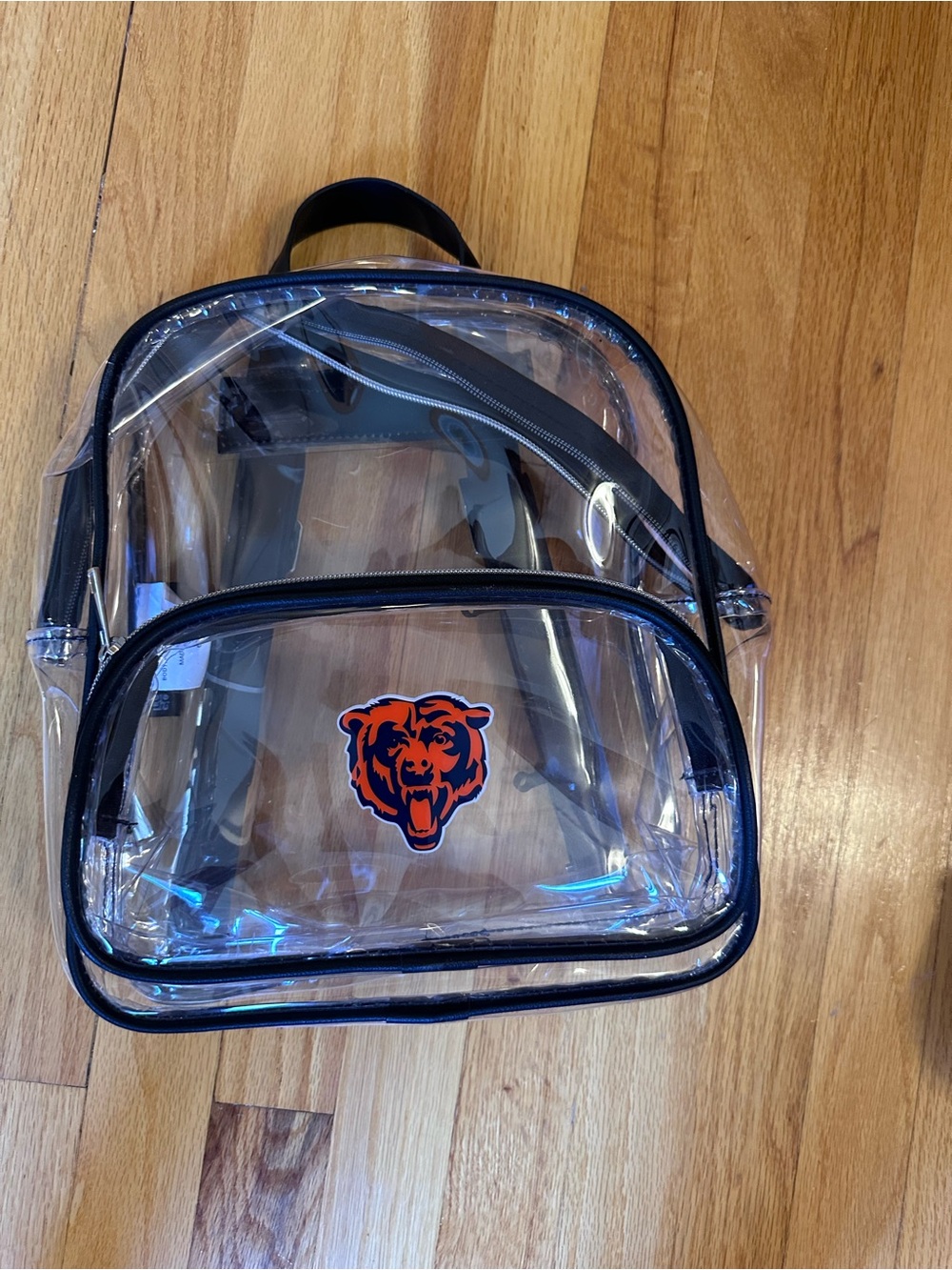 Clear Backpack with Navy Trim and Orange Bears Emblem for stadium use